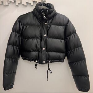 Faux leather bomber puffer